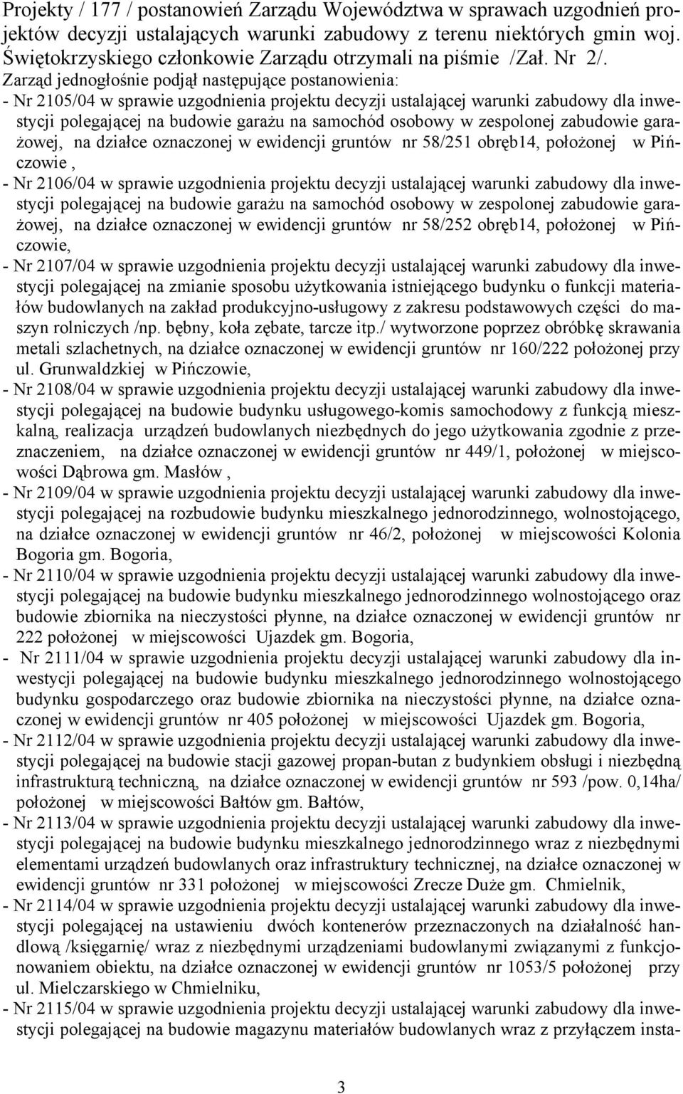 Zarząd jednogłośnie podjął następujące postanowienia: - Nr 2105/04 w sprawie uzgodnienia projektu decyzji ustalającej warunki zabudowy dla inwestycji polegającej na budowie garażu na samochód osobowy