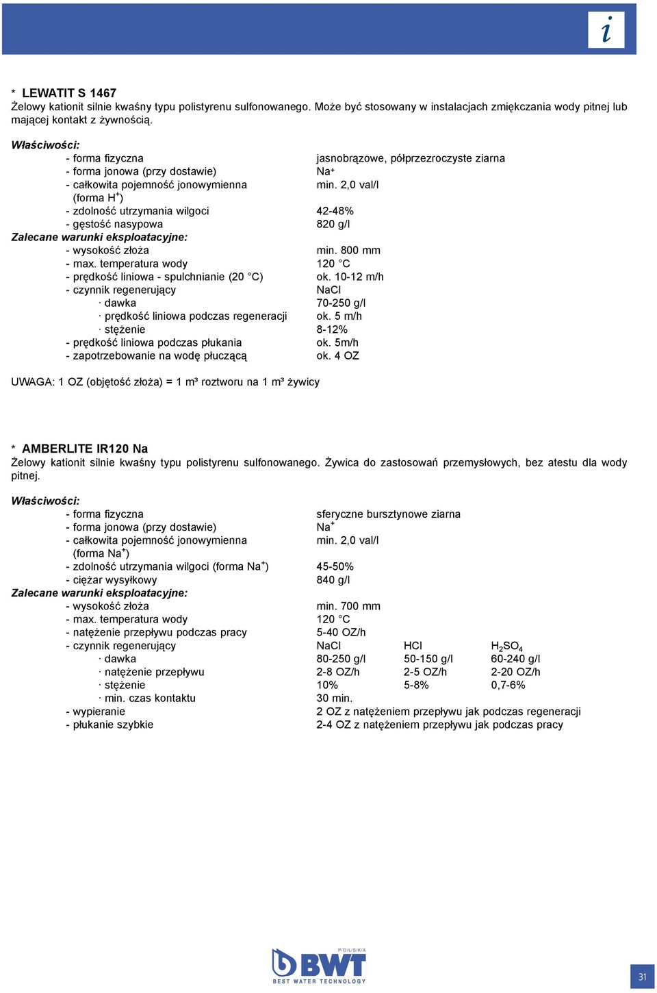 2,0 val/l (forma H + ) - zdolność utrzymania wilgoci 42-48% - gęstość nasypowa 820 g/l - wysokość złoża min. 800 mm - max. temperatura wody 120 C - prędkość liniowa - spulchnianie (20 C) ok.