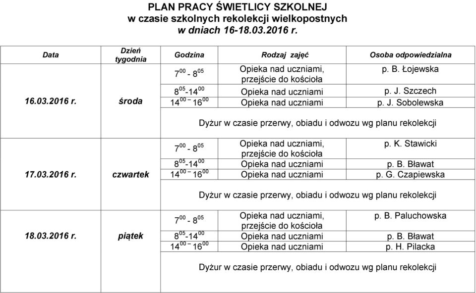 J. Szczech 14 00 16 00 p. J. Sobolewska 17.03.2016 r. czwartek 8 05-14 00 p. B.