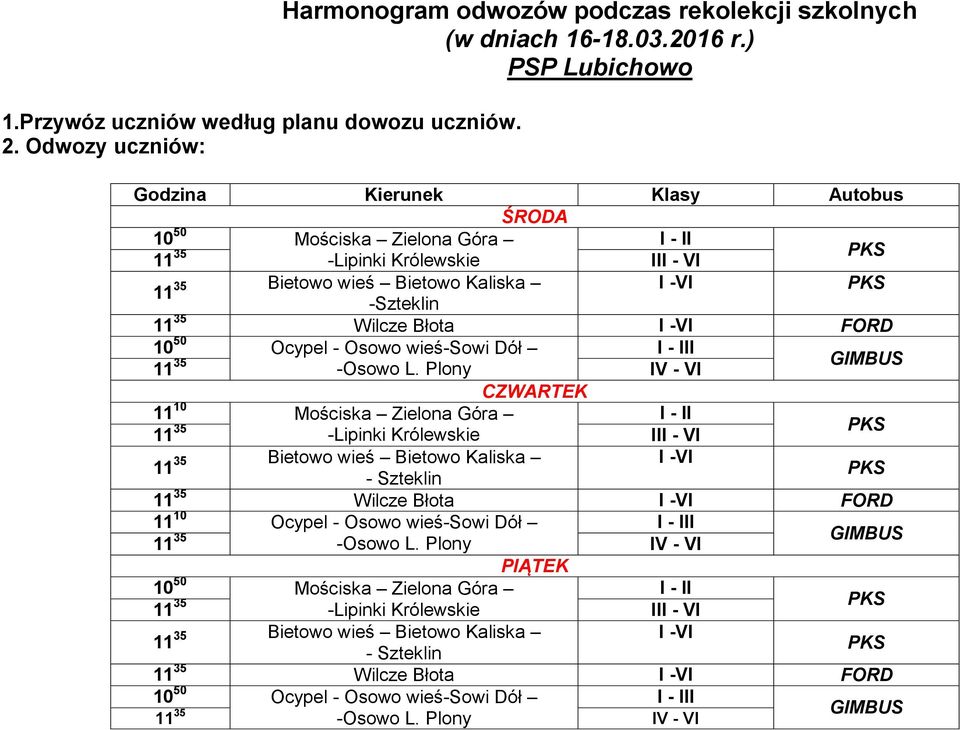 ) PSP Lubichowo Godzina Kierunek Klasy Autobus ŚRODA 10 50 Mościska Zielona Góra -Szteklin 11 35 Wilcze Błota FORD 10 50