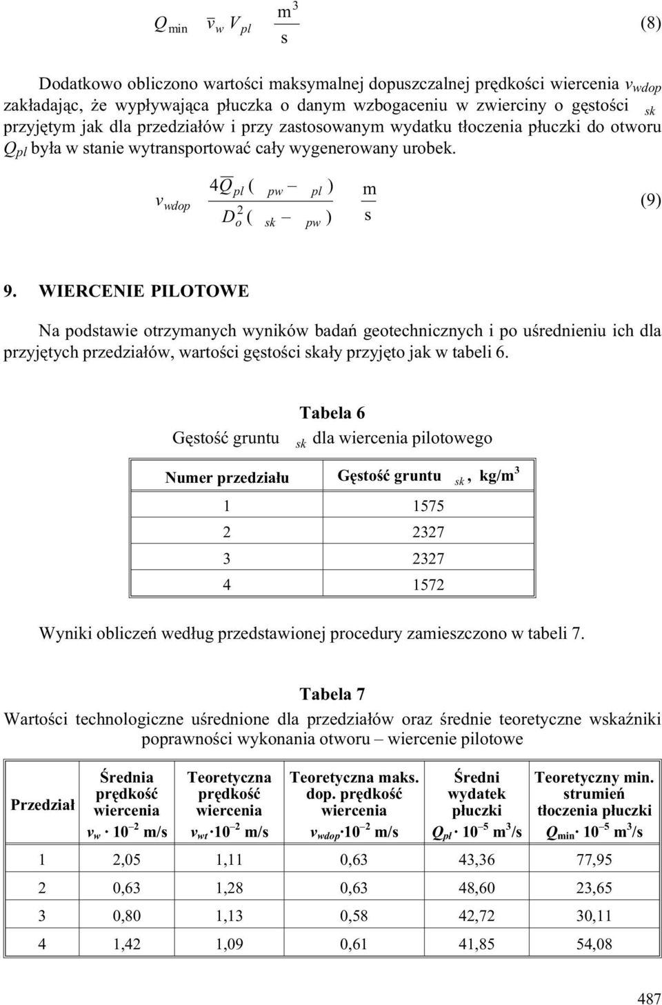 WIERCENIE PILOTOWE Na podstawie otrzyanych wyników badañ geotechnicznych i po uœrednieniu ich dla przyjêtych przedzia³ów, wartoœci gêstoœci ska³y przyjêto jak w tabeli 6.