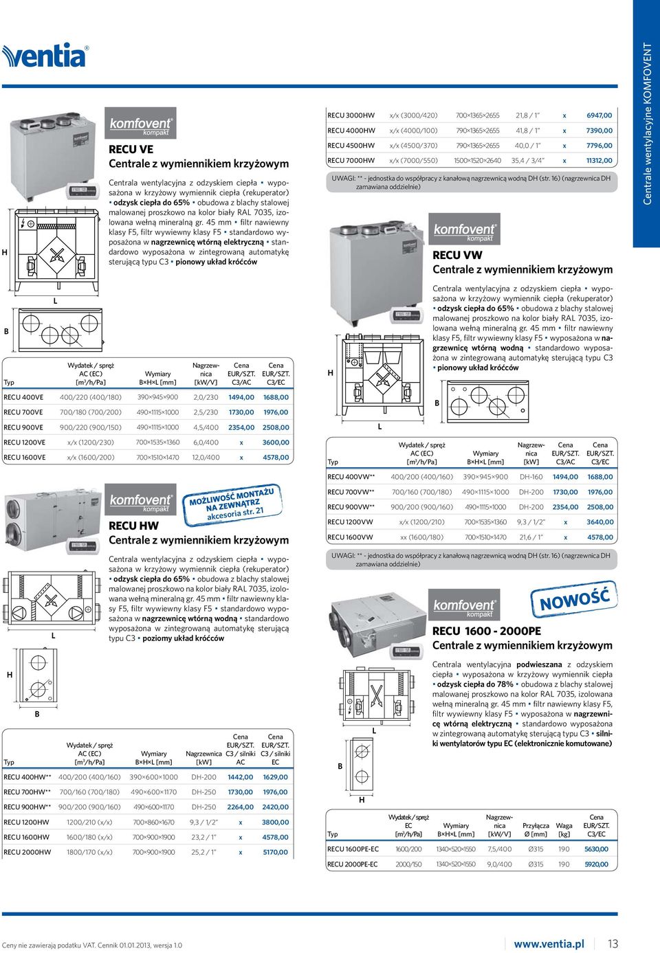 45 mm filtr nawiewny klasy F5, filtr wywiewny klasy F5 standardowo wyposażona w nagrzewnicę wtórną elektryczną standardowo wyposażona w zintegrowaną automatykę sterującą typu C3 pionowy układ króćców