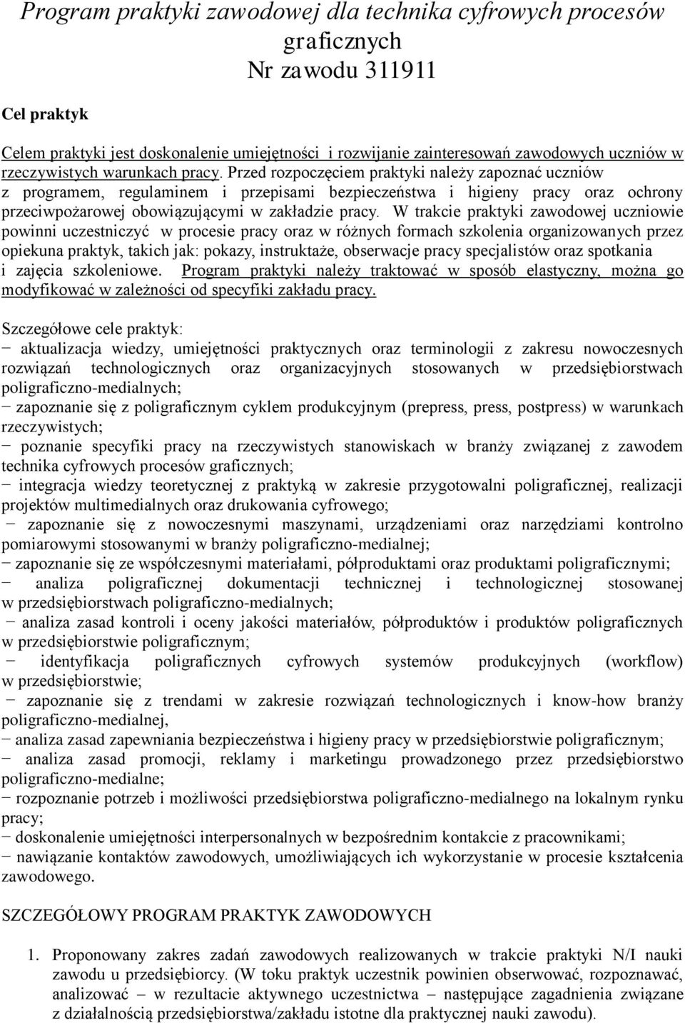 Przed rozpoczęciem praktyki należy zapoznać uczniów z programem, regulaminem i przepisami bezpieczeństwa i higieny pracy oraz ochrony przeciwpożarowej obowiązującymi w zakładzie pracy.