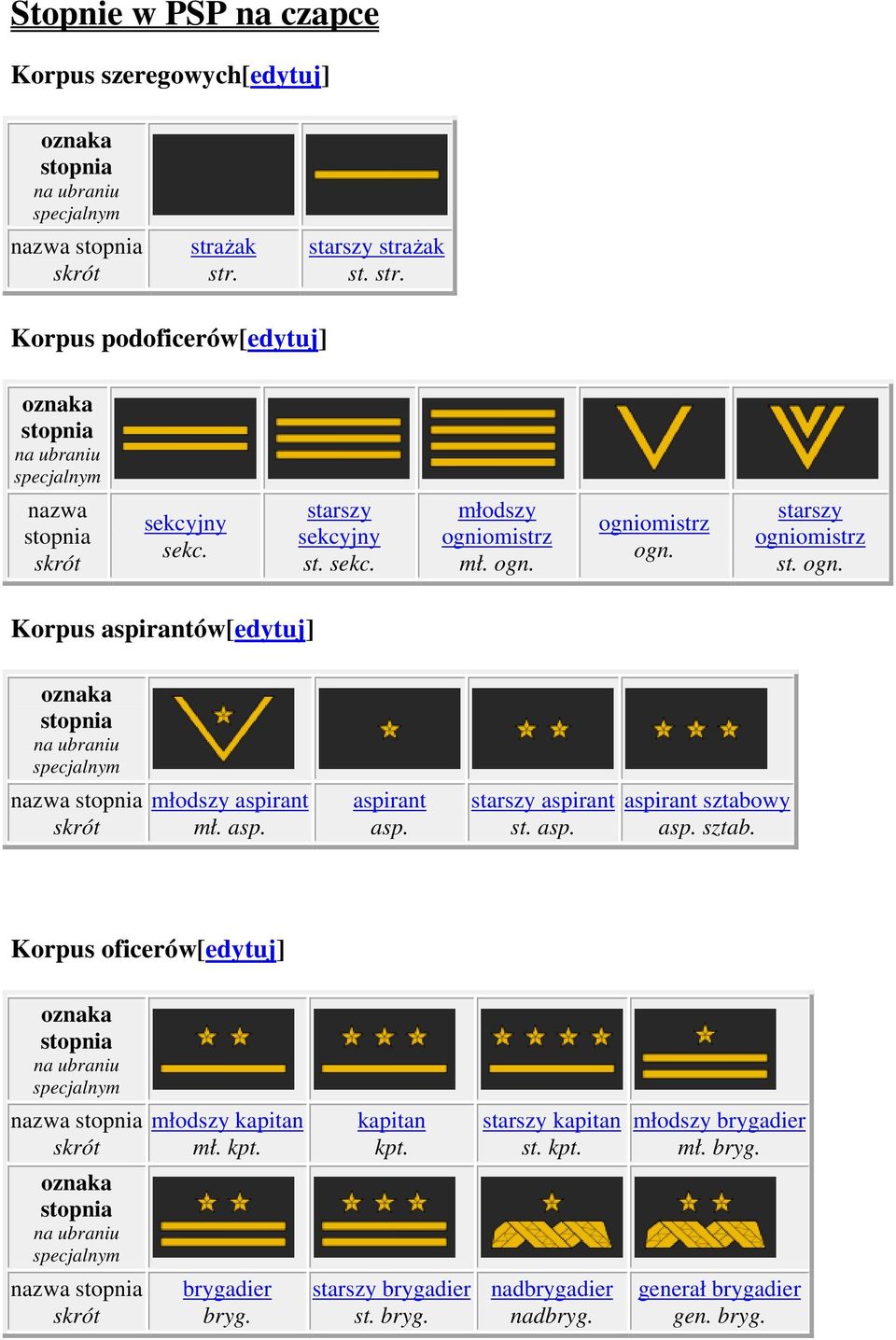 asp. aspirant asp. starszy aspirant st. asp. aspirant sztabowy asp. sztab. Korpus oficerów[edytuj] oznaka na ubraniu specjalnym nazwa skrót młodszy kapitan mł. kpt. kapitan kpt.