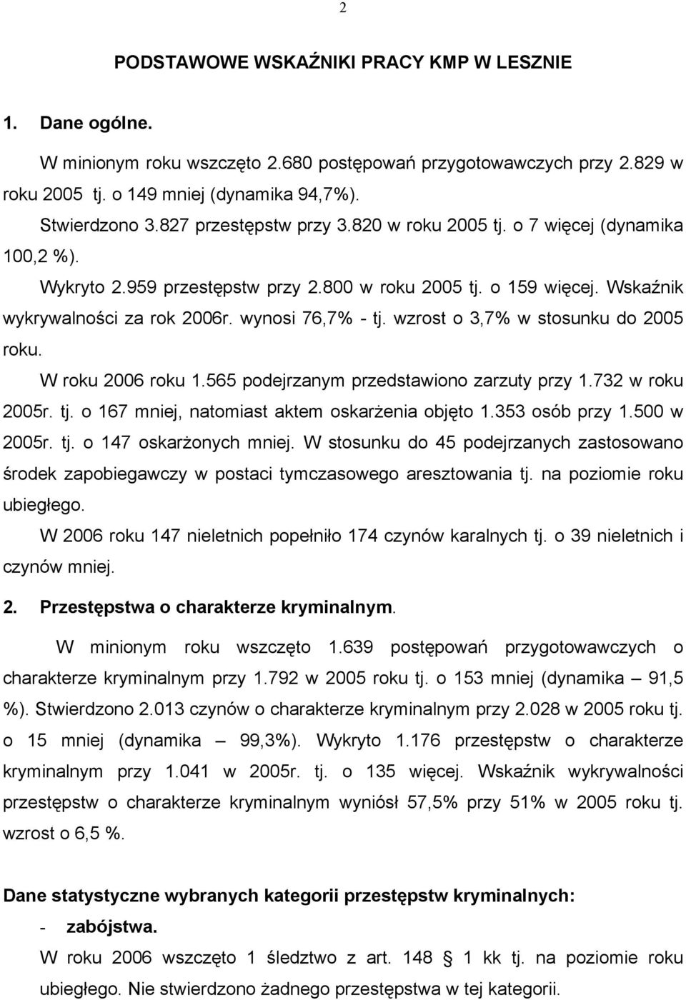 wzrost o 3,7% w stosunku do 2005 roku. W roku 2006 roku 1.565 podejrzanym przedstawiono zarzuty przy 1.732 w roku 2005r. tj. o 167 mniej, natomiast aktem oskarżenia objęto 1.353 osób przy 1.