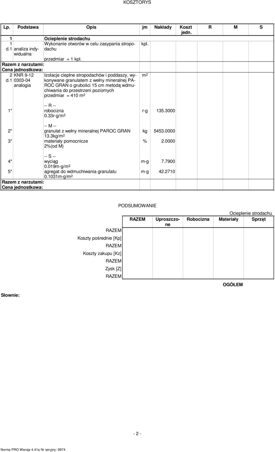 metodą wdmuchiwania do przestrzeni poziomych 410 0.33r-g/ r-g 135.3000 kg 5453.0000 2* granulat z wełny mineralnej PAROC GRAN 13.