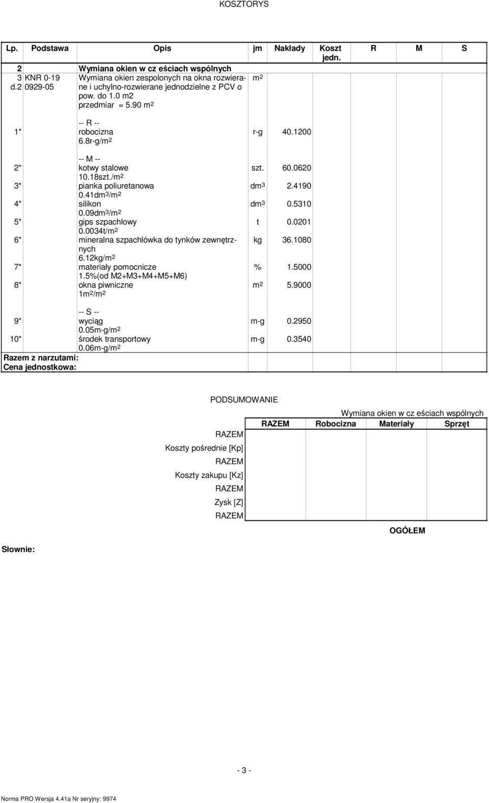 09dm 3 / 5* gips szpachlowy 0.0034t/ 6* mineralna szpachlówka do tynków zewnętrznych kg 36.1080 6.12kg/ 7* materiały pomocnicze 1.