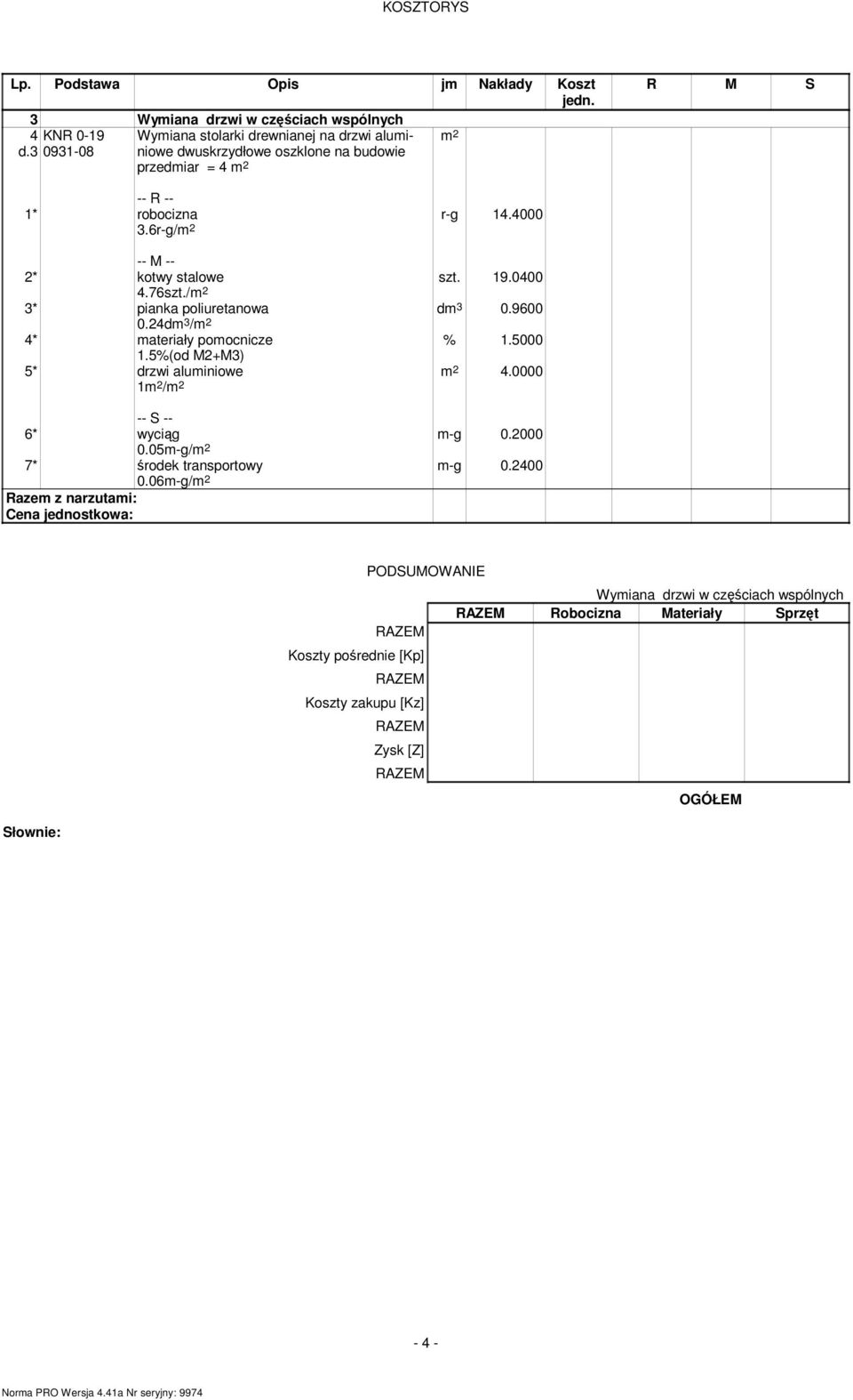 / 3* pianka poliuretanowa 0.24dm 3 / 4* materiały pomocnicze 1.5%(od M2+M3) 5* drzwi aluminiowe 1 / 4.0000 m-g 0.