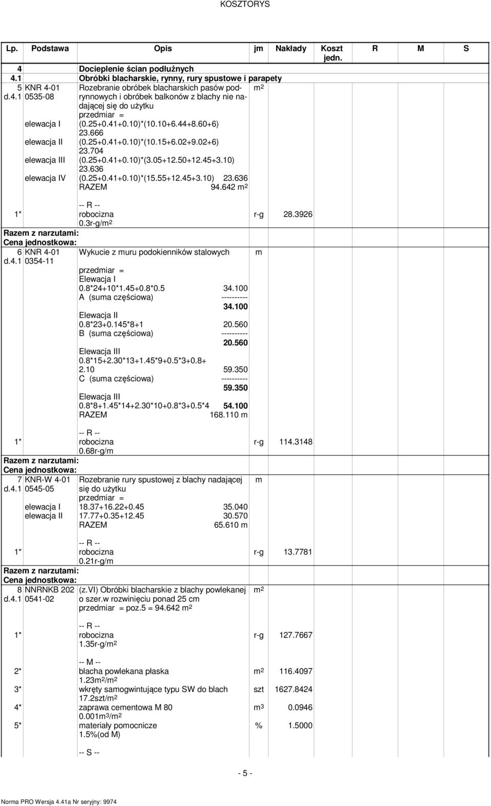45+3.10) 23.636 94.642 r-g 28.3926 0.3r-g/ 6 d.4.1 KNR 4-01 0354-11 Wykucie z muru podokienników stalowych Elewacja I 0.8*24+10*1.45+0.8*0.5 34.100 A (suma częściowa) ---------- 34.100 Elewacja II 0.