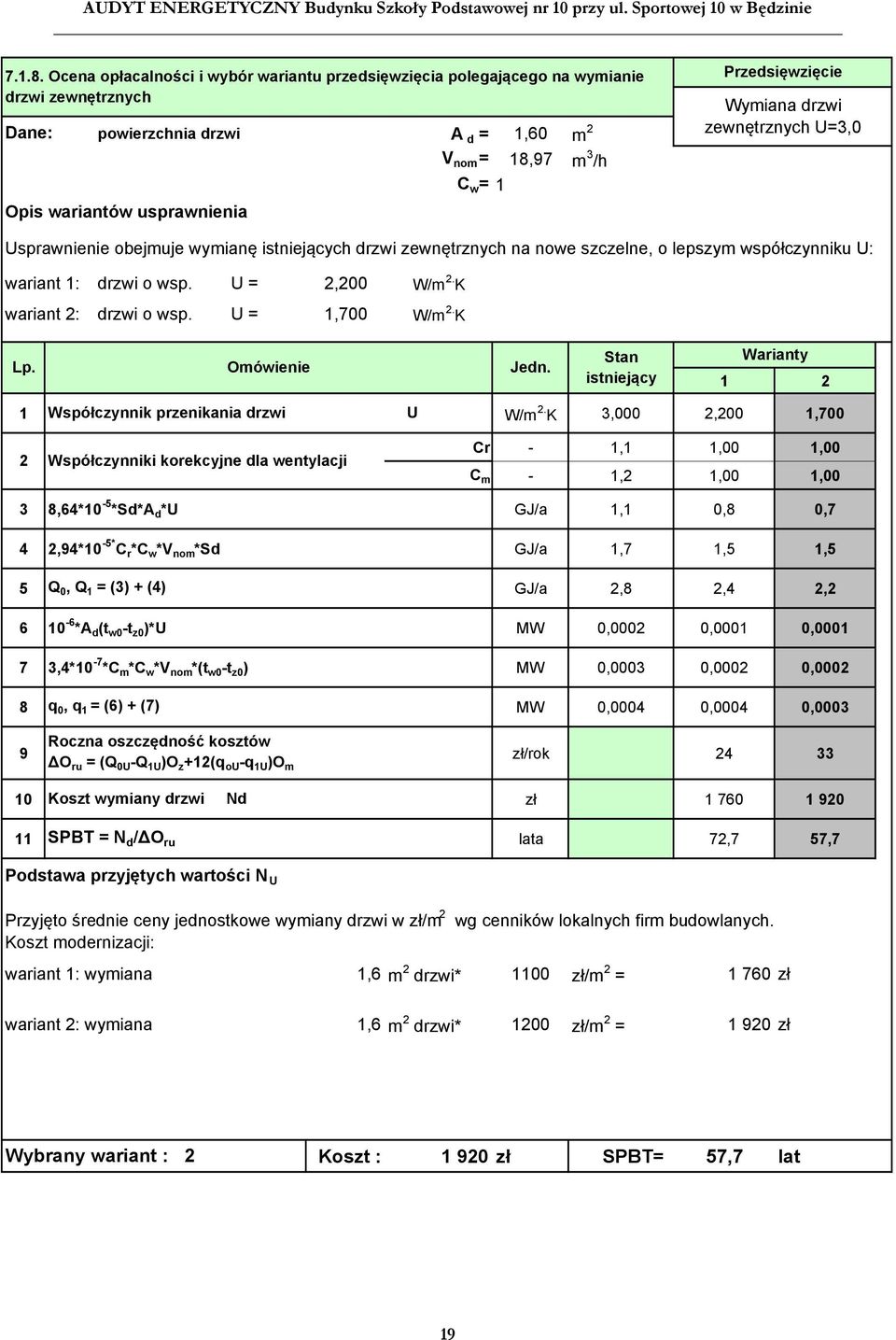 Przedsięwzięcie Wymiana drzwi zewnętrznych U=3,0 Usprawnienie obejmuje wymianę istniejących drzwi zewnętrznych na nowe szczelne, o lepszym współczynniku U: wariant 1: drzwi o wsp. U = 2,200 W/m 2.