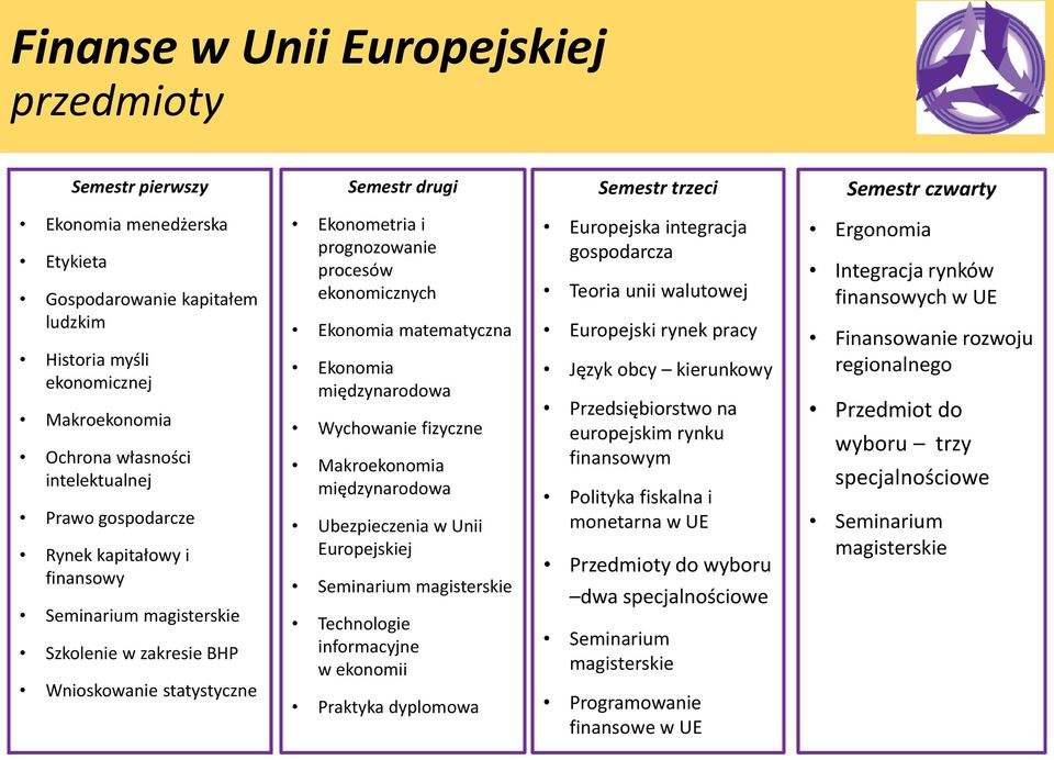 matematyczna Ekonomia międzynarodowa Wychowanie fizyczne Makroekonomia międzynarodowa Ubezpieczenia w Unii Europejskiej Technologie informacyjne w ekonomii Praktyka dyplomowa Europejska integracja