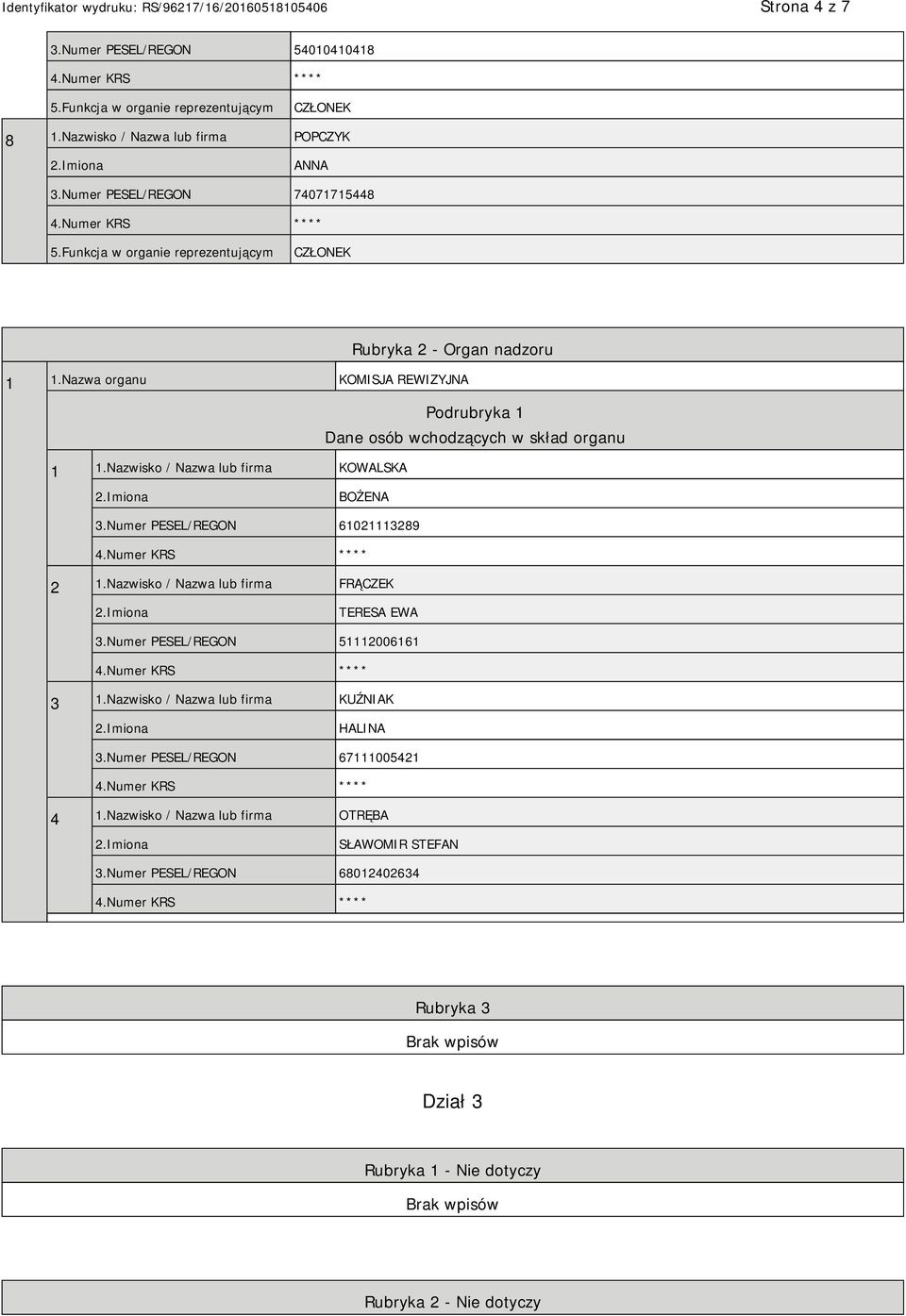 Nazwisko / Nazwa lub firma KOWALSKA BOŻENA 3.Numer PESEL/REGON 61021113289 2 1.Nazwisko / Nazwa lub firma FRĄCZEK TERESA EWA 3.