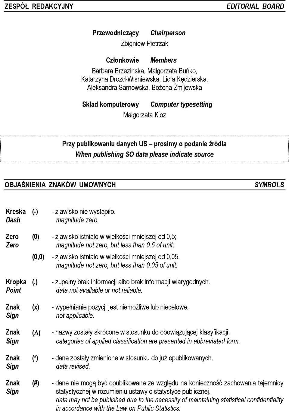 ZNAKÓW UMOWNYCH SYMBOLS Kreska (-) Dash - zjawisko nie wystąpiło. magnitude zero. Zero (0) - zjawisko istniało w wielkości mniejszej od 0,5; Zero magnitude not zero, but less than 0.