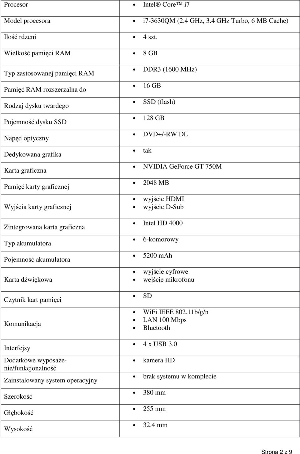 Wyjścia karty graficznej Zintegrowana karta graficzna Typ akumulatora Pojemność akumulatora Karta dźwiękowa Czytnik kart pamięci Komunikacja Interfejsy Dodatkowe wyposażenie/funkcjonalność