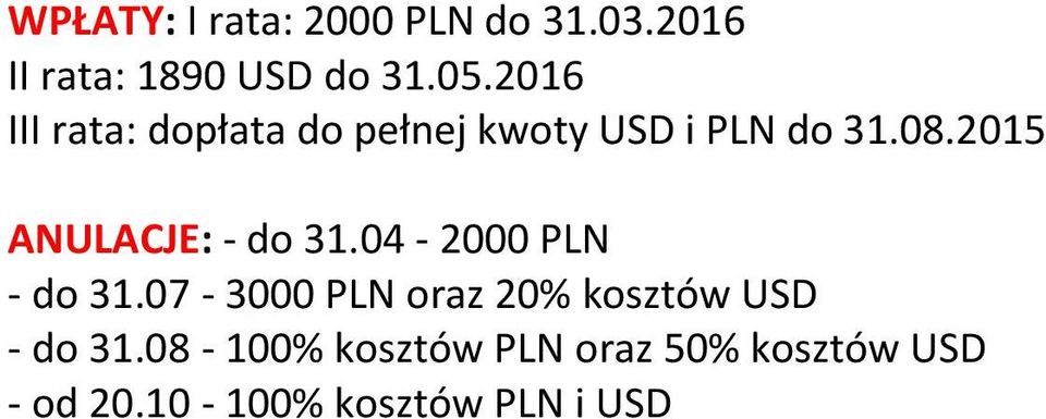 2015 ANULACJE: - do 31.04-2000 PLN - do 31.