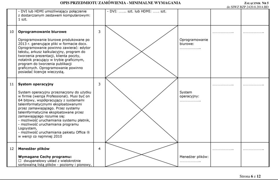 Oprogramowanie powinno zawierać: edytor tekstu, arkusz kalkulacyjny, program do tworzenia prezentacji, klienta poczty, notatnik pracujący w trybie graficznym, program do tworzenia publikacji