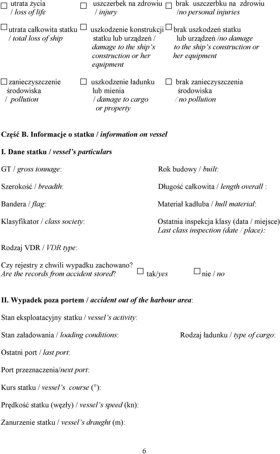 środowiska lub mienia środowiska / pollution / damage to cargo / no pollution or property Część B. Informacje o statku / information on vessel I.