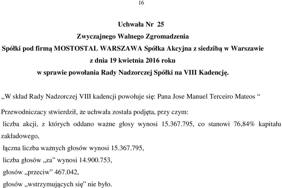 W skład Rady Nadzorczej VIII kadencji powołuje się: Pana Jose