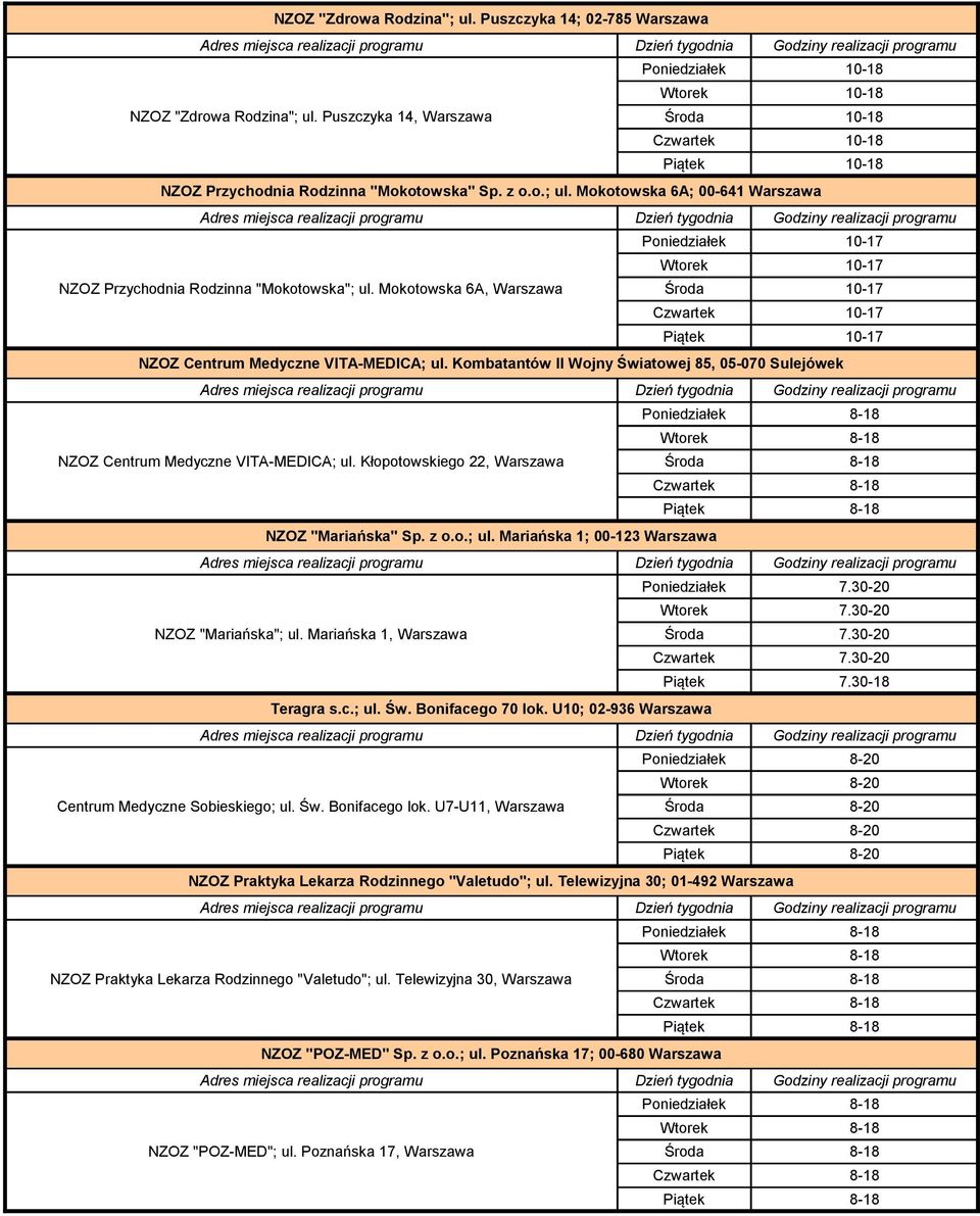 Mokotowska 6A; 00-641 Warszawa Poniedziałek 10-17 Wtorek 10-17 NZOZ Przychodnia Rodzinna "Mokotowska"; ul.