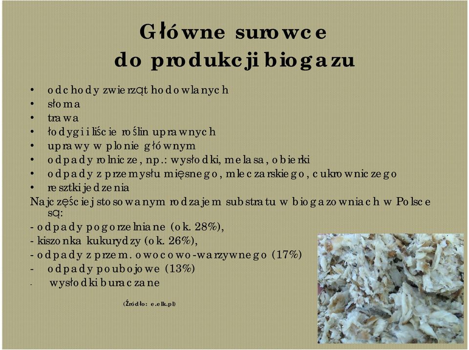 : wysłodki, melasa, obierki odpady z przemysłu mięsnego, mleczarskiego, cukrowniczego resztki jedzenia Najczęściej stosowanym