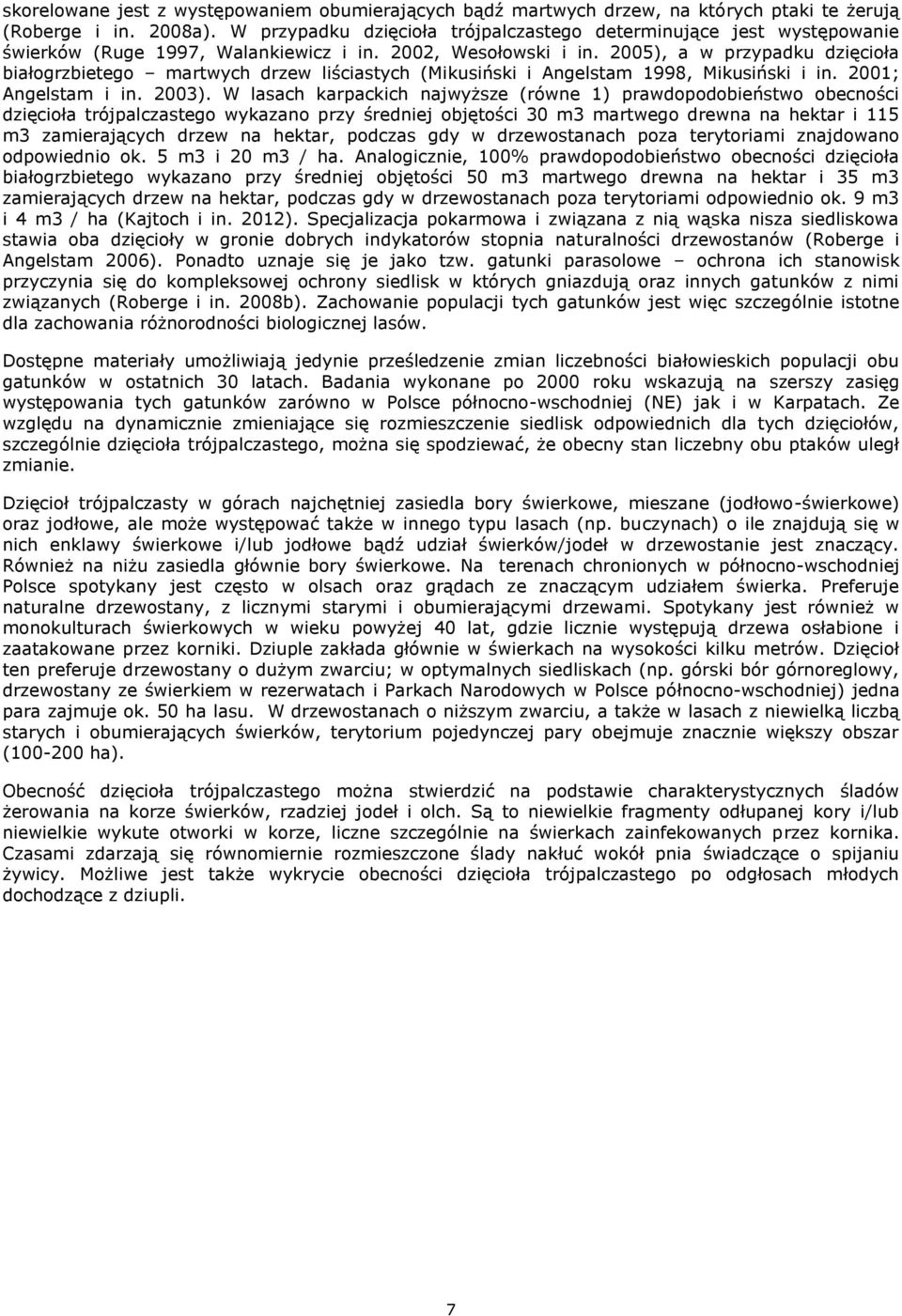 2005), a w przypadku dzięcioła białogrzbietego martwych drzew liściastych (Mikusiński i Angelstam 1998, Mikusiński i in. 2001; Angelstam i in. 2003).