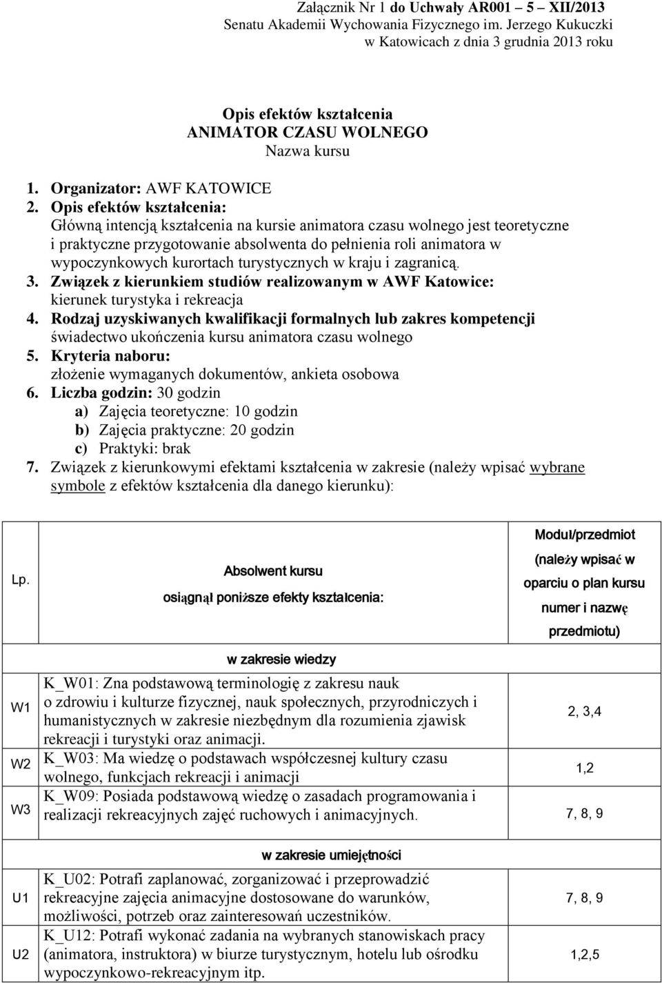 turystycznych w kraju i zagranicą. 3. Związek z kierunkiem studiów realizowanym w AWF Katowice: kierunek turystyka i rekreacja 4.