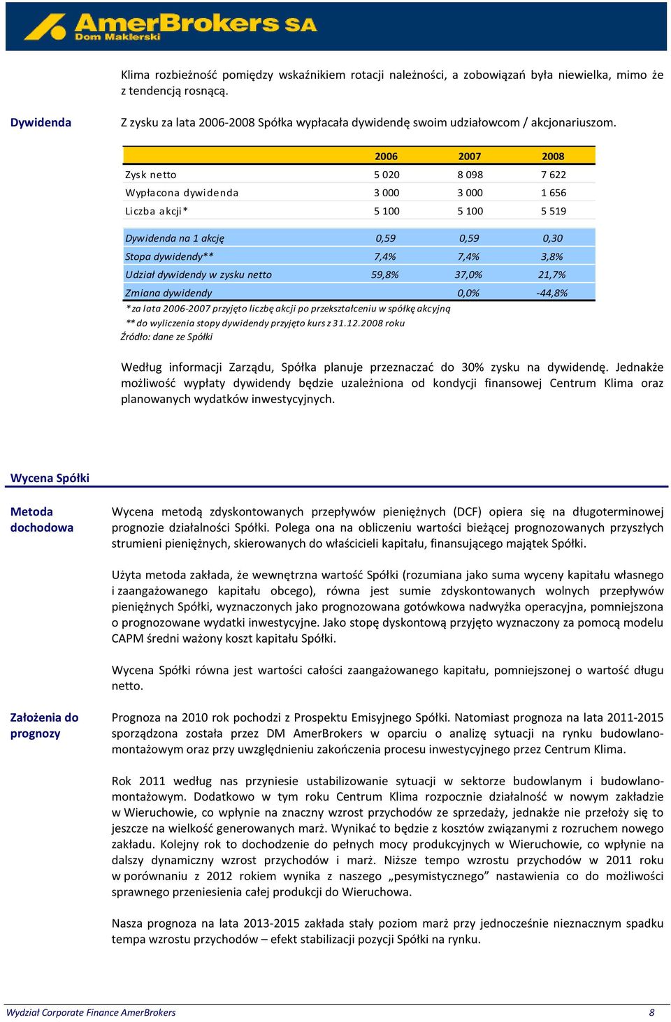 * za lata 2006-2007 przyjęto liczbę akcji po przekształceniu w spółkę akcyjną ** do wyliczenia stopy dywidendy przyjęto kurs z 31.12.