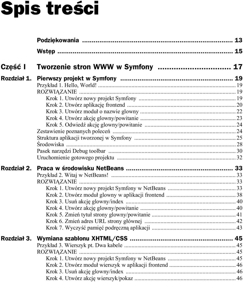 .. 24 Zestawienie poznanych polece... 24 Struktura aplikacji tworzonej w Symfony... 25 rodowiska...28 Pasek narz dzi Debug toolbar... 30 Uruchomienie gotowego projektu... 32 Rozdzia 2.