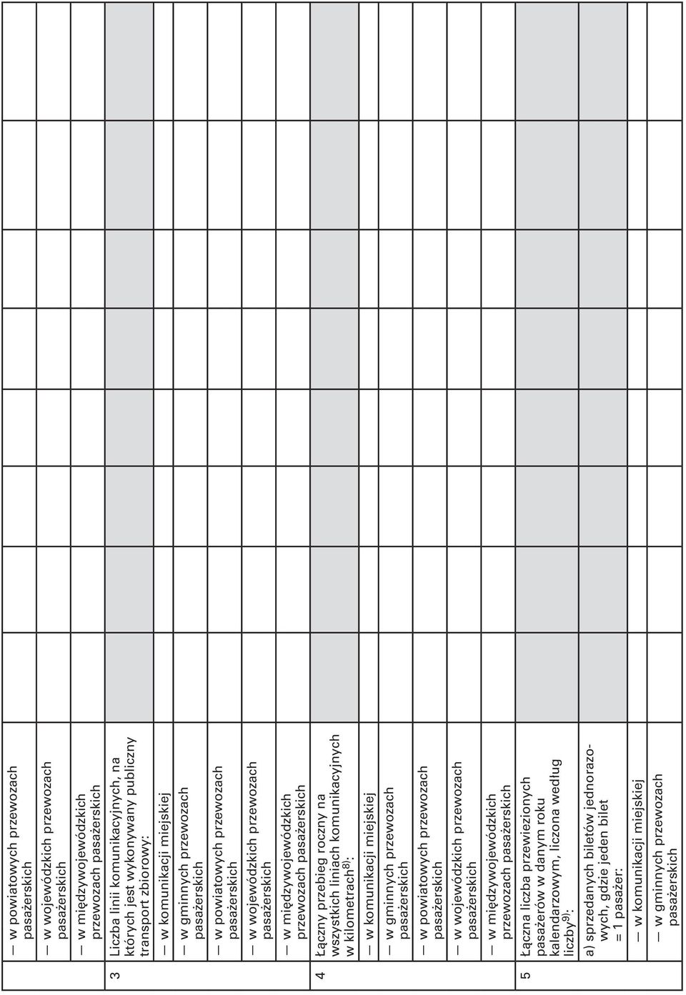 komunikacyjnych w kilometrach 8) : w komunikacji miejskiej w gminnych przewozach w powiatowych przewozach w wojewódzkich przewozach w międzywojewódzkich przewozach 5 Łączna liczba