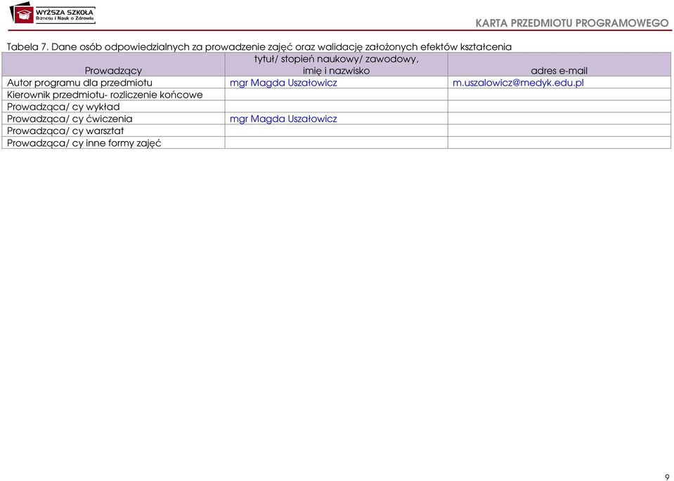 stopień naukowy/ zawodowy, Prowadzący imię i nazwisko adres e-mail Autor programu dla przedmiotu mgr