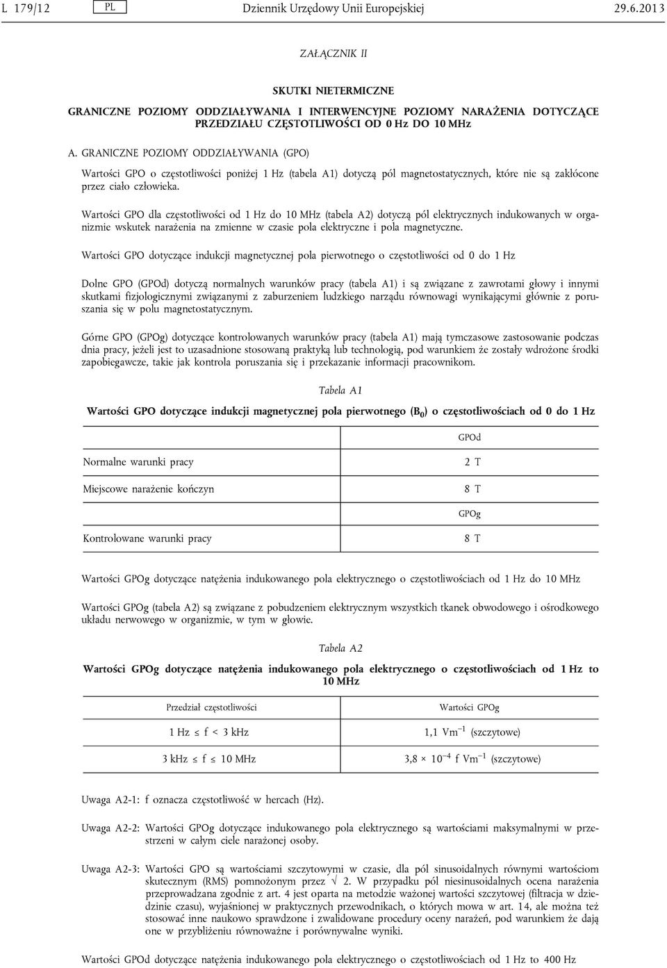 GRANICZNE POZIOMY ODDZIAŁYWANIA (GPO) Wartości GPO o częstotliwości poniżej 1 Hz (tabela A1) dotyczą pól magnetostatycznych, które nie są zakłócone przez ciało człowieka.