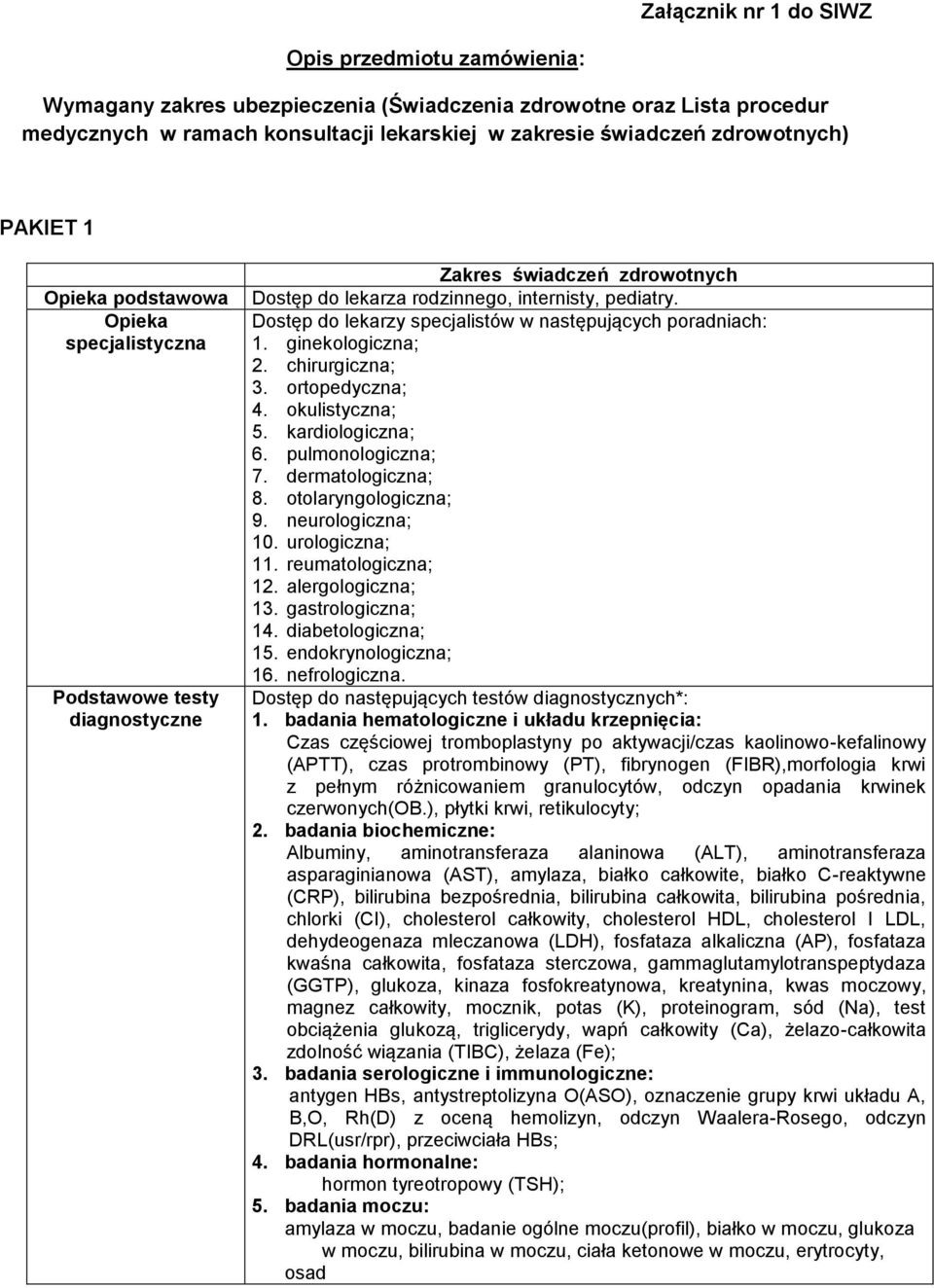 Dostęp do lekarzy specjalistów w następujących poradniach: 1. ginekologiczna; 2. chirurgiczna; 3. ortopedyczna; 4. okulistyczna; 5. kardiologiczna; 6. pulmonologiczna; 7. dermatologiczna; 8.