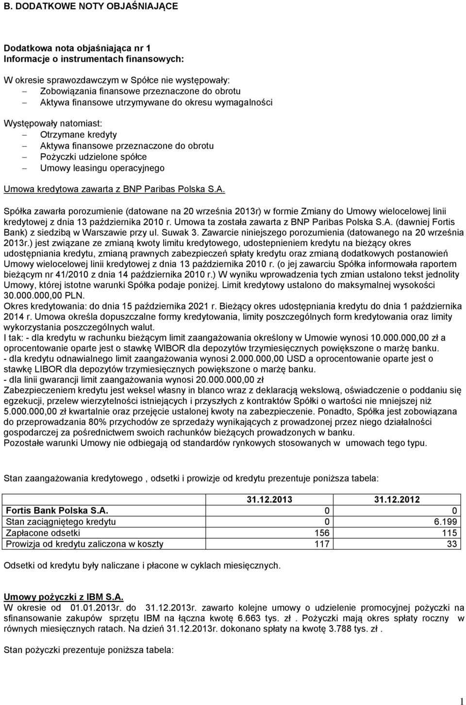 kredytowa zawarta z BNP Paribas Polska S.A. Spółka zawarła porozumienie (datowane na 2 września 213r) w formie Zmiany do Umowy wielocelowej linii kredytowej z dnia 13 października 21 r.