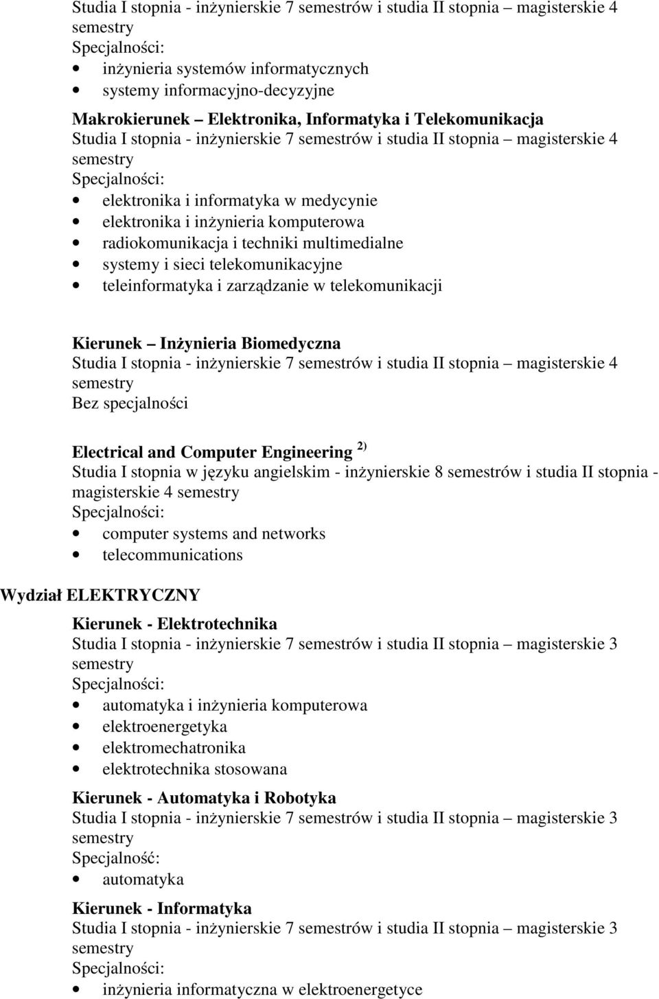 Studia I stopnia w języku angielskim - inżynierskie 8 semestrów i studia II stopnia - magisterskie 4 computer systems and networks telecommunications Wydział ELEKTRYCZNY Kierunek - Elektrotechnika