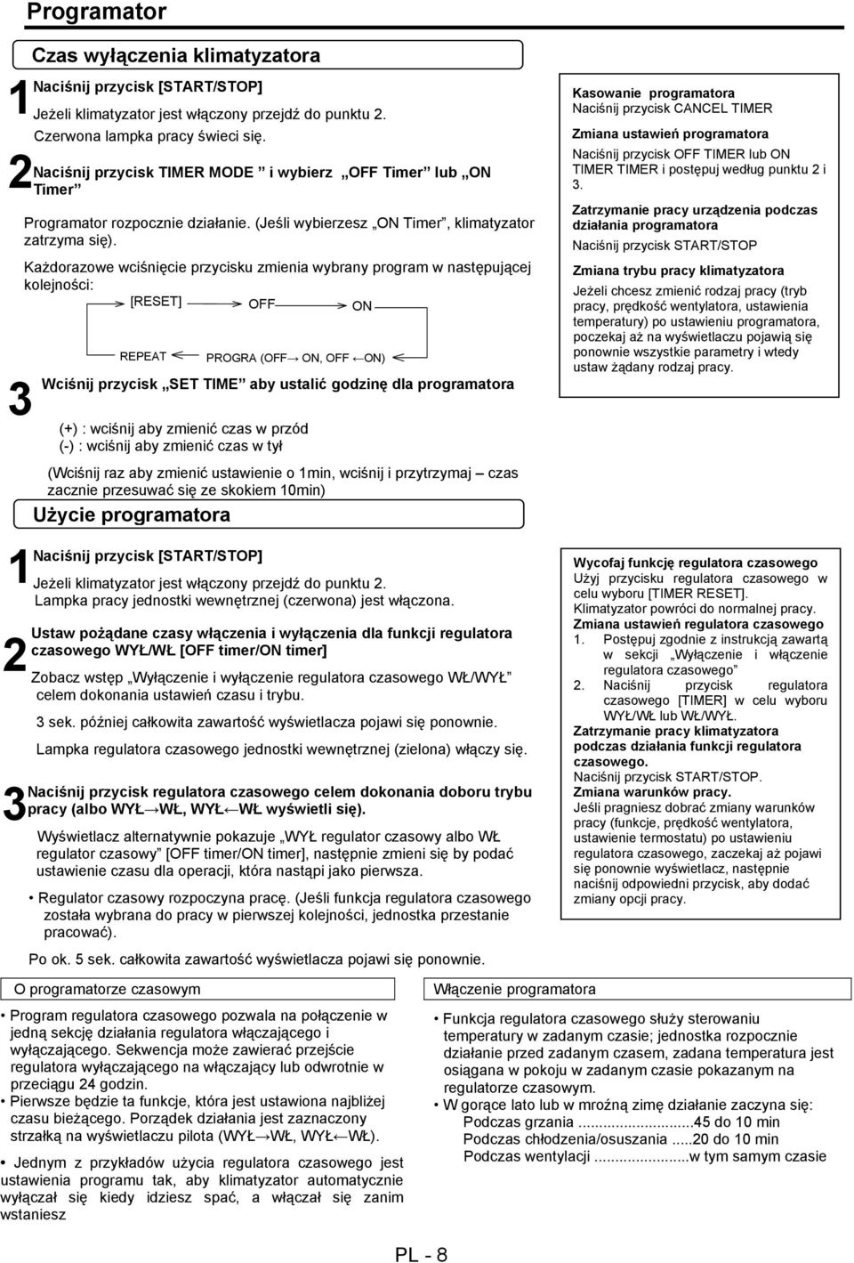 Każdorazowe wciśnięcie przycisku zmienia wybrany program w następującej kolejności: [RESET] OFF ON 3 1 2 3 Czas wyłączenia klimatyzatora REPEAT Wciśnij przycisk SET TIME aby ustalić godzinę dla