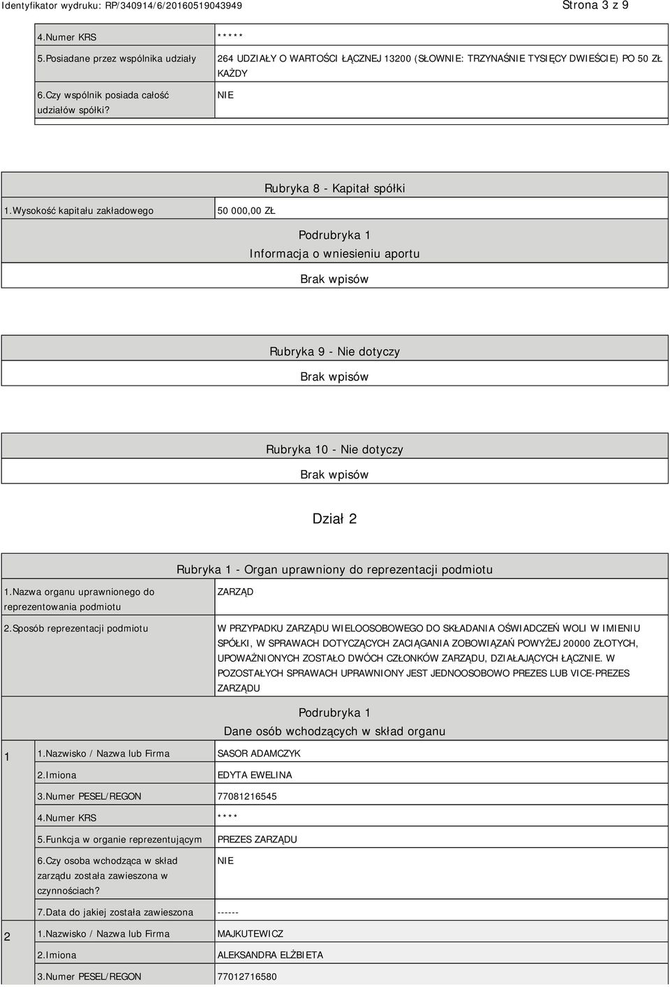 Wysokość kapitału zakładowego 50 000,00 ZŁ Podrubryka 1 Informacja o wniesieniu aportu Rubryka 9 - Nie dotyczy Rubryka 10 - Nie dotyczy Dział 2 Rubryka 1 - Organ uprawniony do reprezentacji podmiotu
