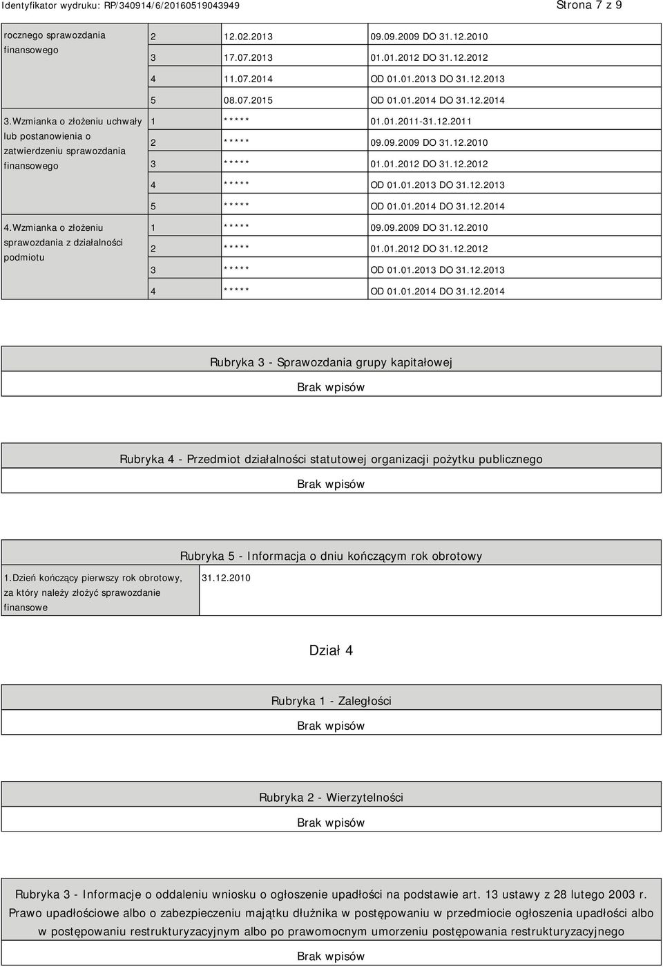 12.2013 5 ***** OD 01.01.2014 DO 31.12.2014 4.Wzmianka o złożeniu sprawozdania z działalności podmiotu 1 ***** 09.09.2009 DO 31.12.2010 2 ***** 01.01.2012 DO 31.12.2012 3 ***** OD 01.01.2013 DO 31.12.2013 4 ***** OD 01.