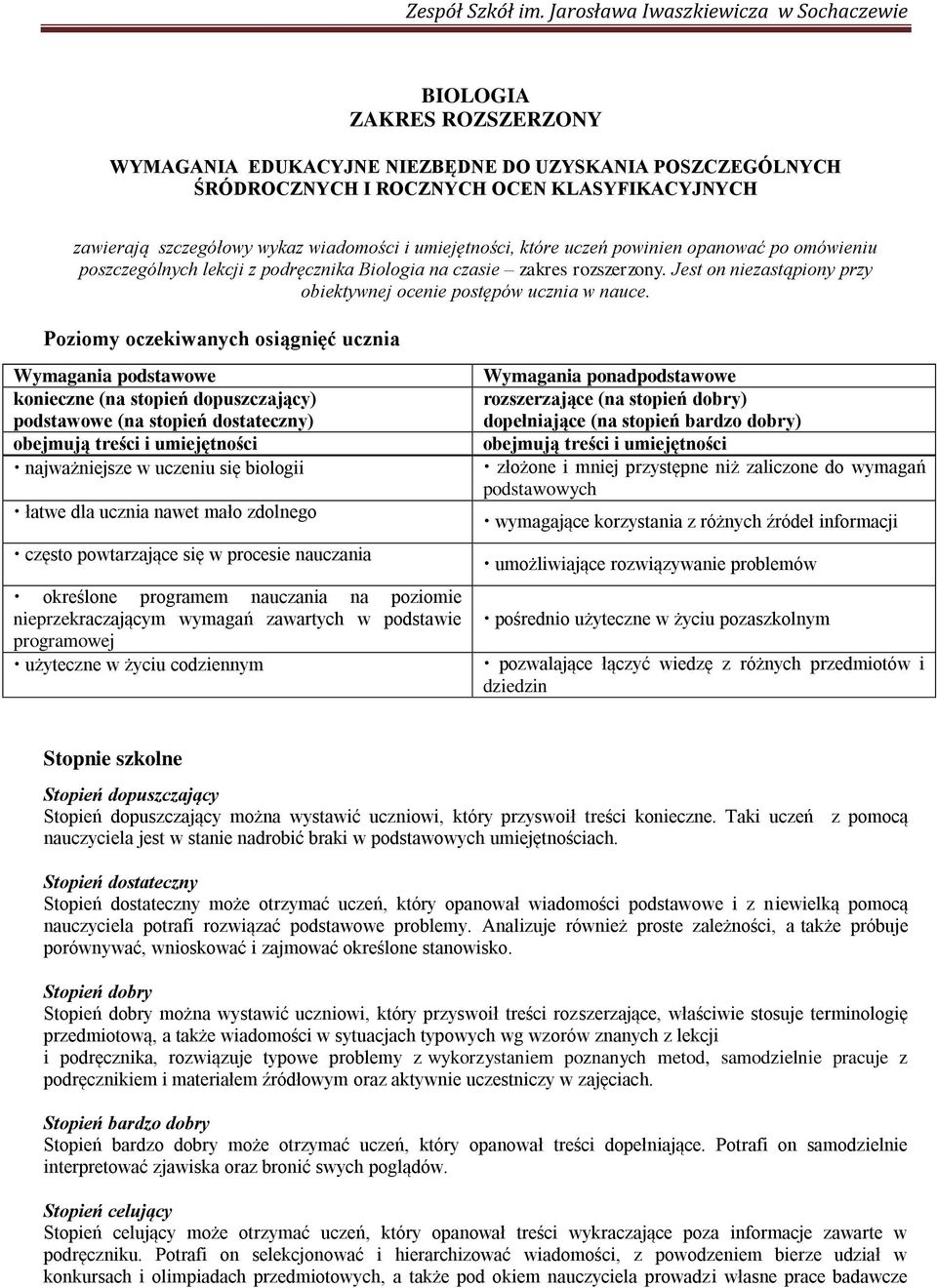 Poziomy oczekiwanych osi gni ć ucznia Wymagania podstawowe konieczne (na stopie dopuszczaj cy) podstawowe (na stopie dostateczny) obejmuj tre ci i umiej tno ci najwa niejsze w uczeniu si biologii