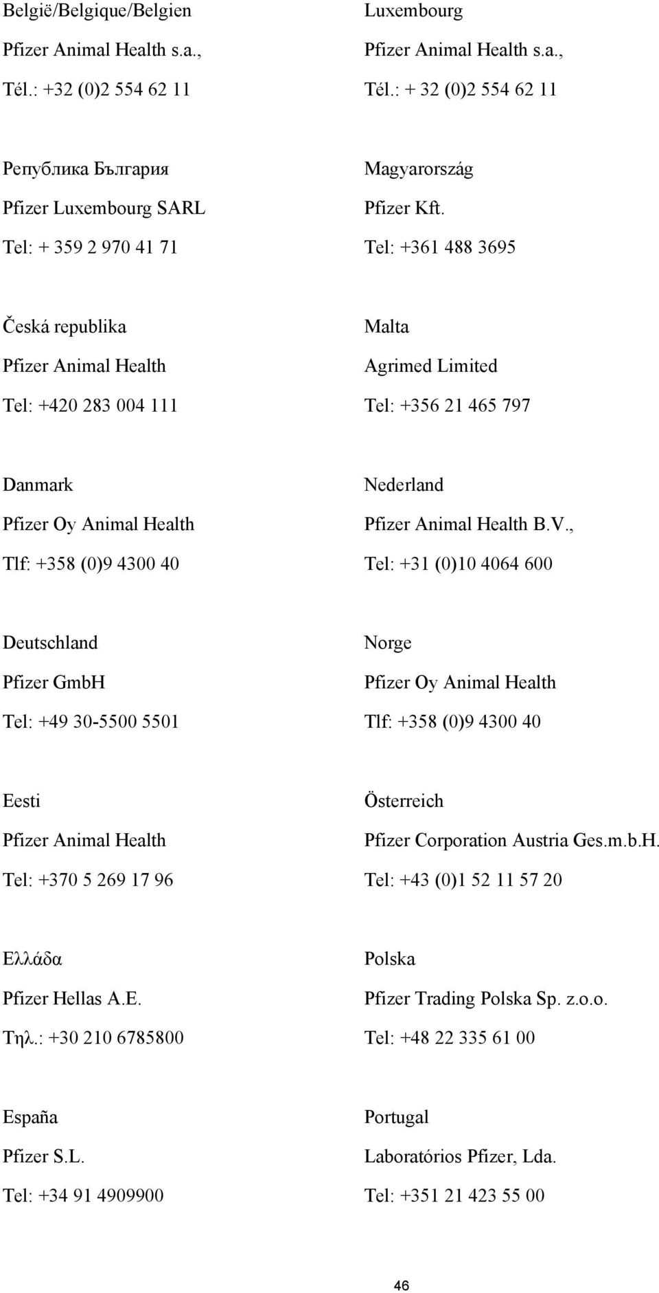 , Tel: +31 (0)10 4064 600 Deutschland Pfizer GmbH Tel: +49 30-5500 5501 Norge Tlf: +358 (0)9 4300 40 Eesti Österreich Pfizer Corporation Austria Ges.m.b.H. Tel: +43 (0)1 52 11 57 20 Ελλάδα Pfizer Hellas A.