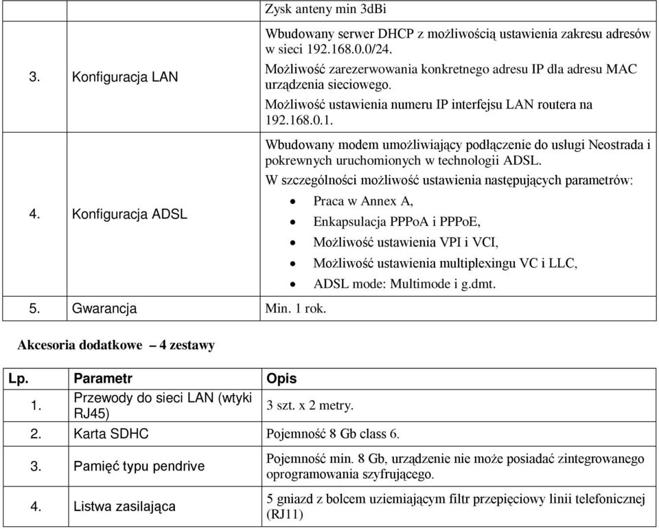 2.168.0.1. Wbudowany modem umożliwiający podłączenie do usługi Neostrada i pokrewnych uruchomionych w technologii ADSL. W szczególności możliwość ustawienia następujących parametrów: 4.