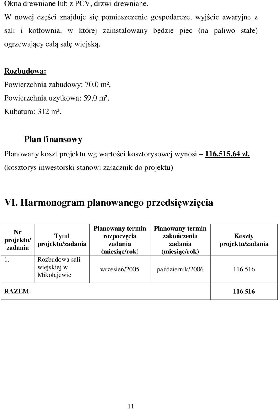 Rozbudowa: Powierzchnia zabudowy: 70,0 m², Powierzchnia uŝytkowa: 59,0 m², Kubatura: 312 m³. Plan finansowy Planowany koszt projektu wg wartości kosztorysowej wynosi 116.515,64 zł.