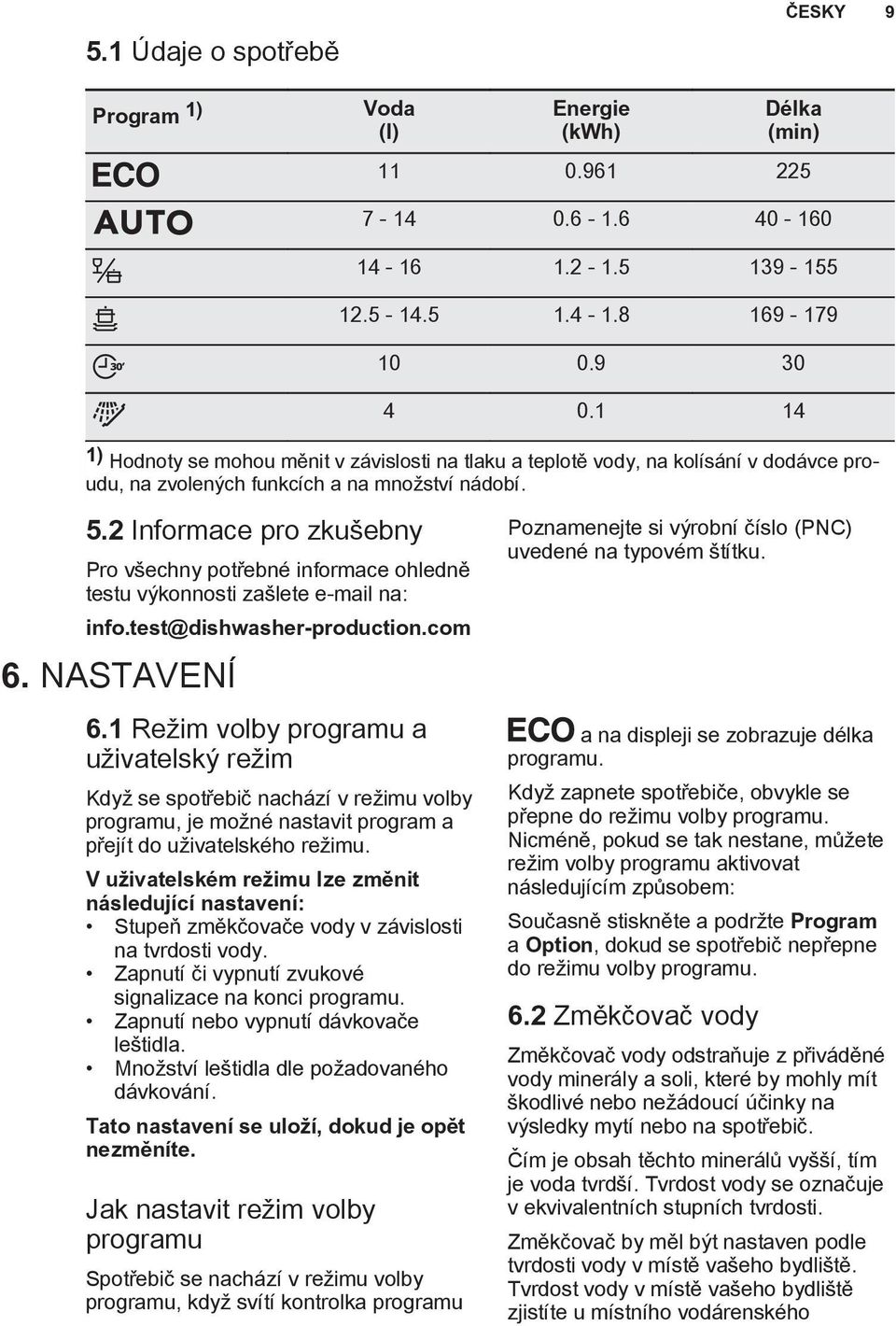 2 Informace pro zkušebny Pro všechny potřebné informace ohledně testu výkonnosti zašlete e-mail na: info.test@dishwasher-production.com 6. NASTAVENÍ 6.