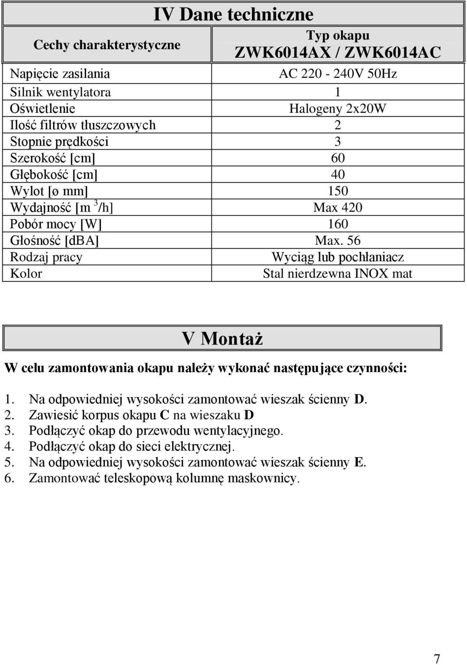 56 Rodzaj pracy Wyciąg lub pochłaniacz Kolor Stal nierdzewna INOX mat V Montaż W celu zamontowania okapu należy wykonać następujące czynności: 1.