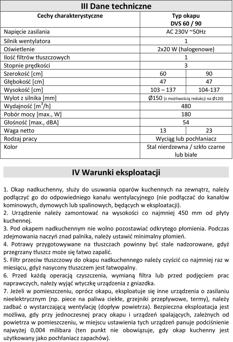 , dba] 54 Waga netto 13 23 Rodzaj pracy Wyciąg lub pochłaniacz Kolor Stal nierdzewna / szkło czarne lub białe IV Warunki eksploatacji 1.