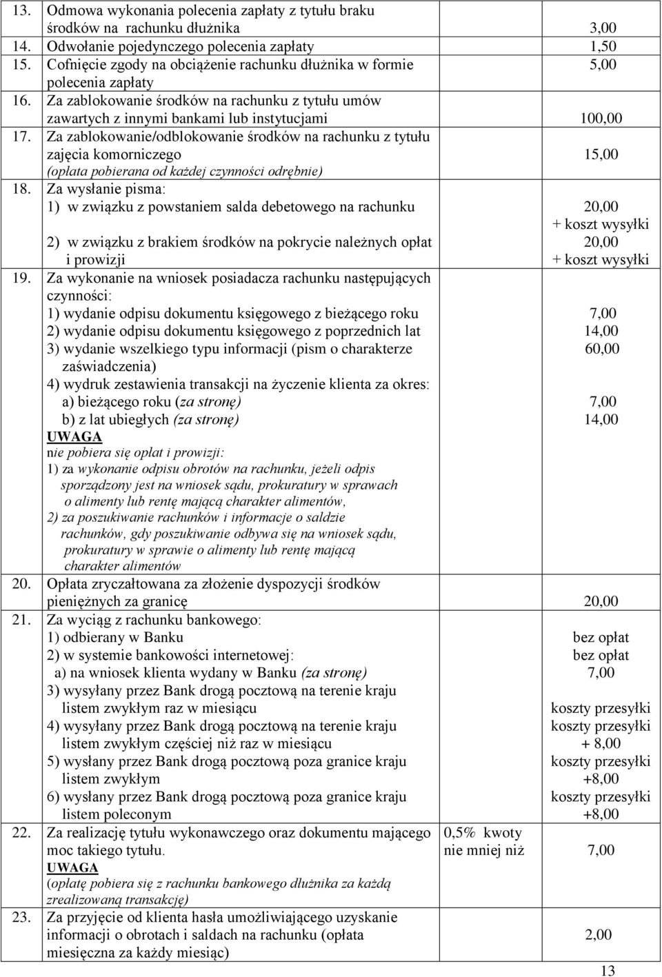 Za zablokowanie/odblokowanie środków na rachunku z tytułu zajęcia komorniczego (opłata pobierana od każdej czynności odrębnie) 18.