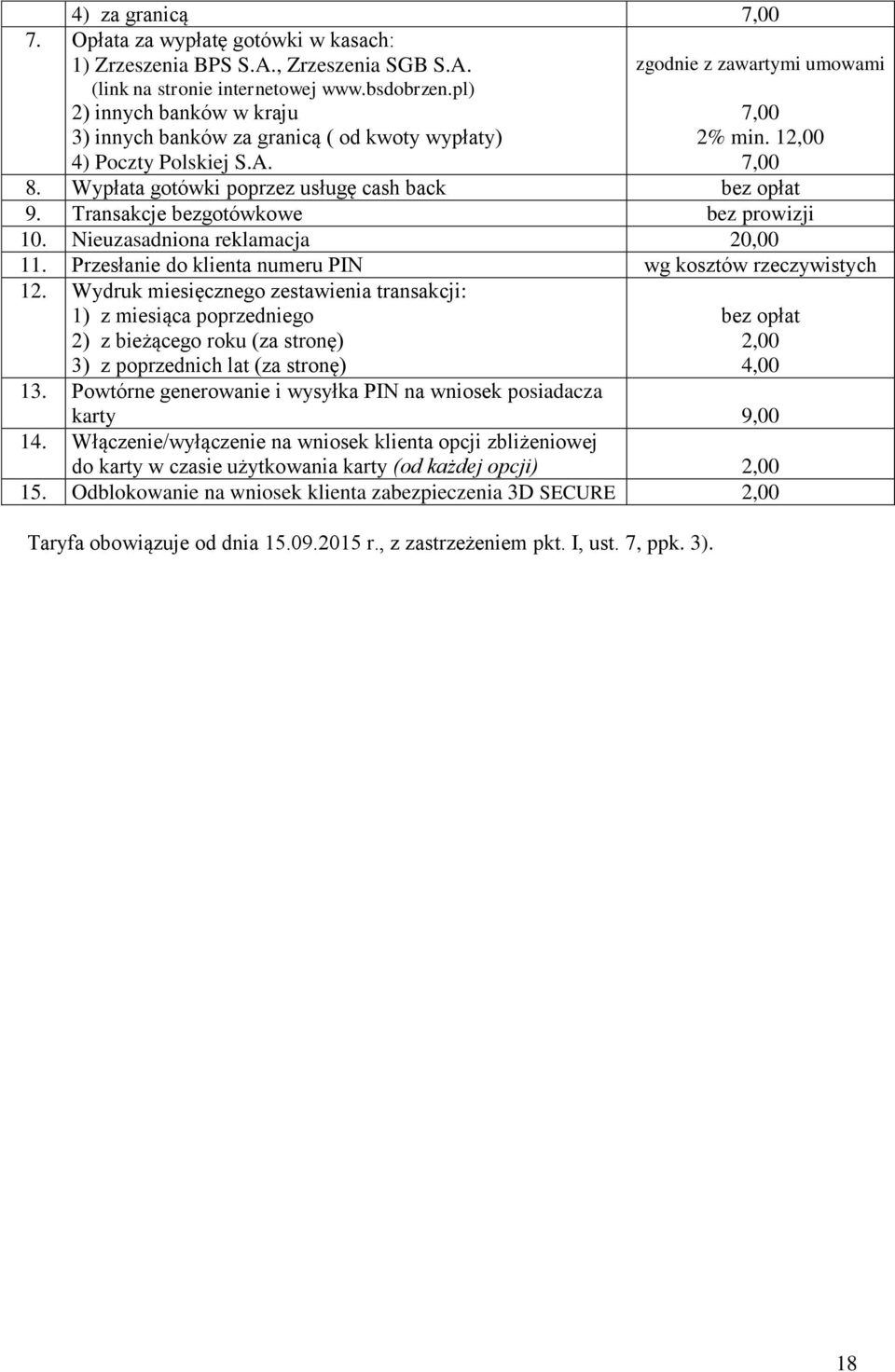 Transakcje bezgotówkowe bez prowizji 10. Nieuzasadniona reklamacja 20,00 11. Przesłanie do klienta numeru PIN wg kosztów rzeczywistych 12.