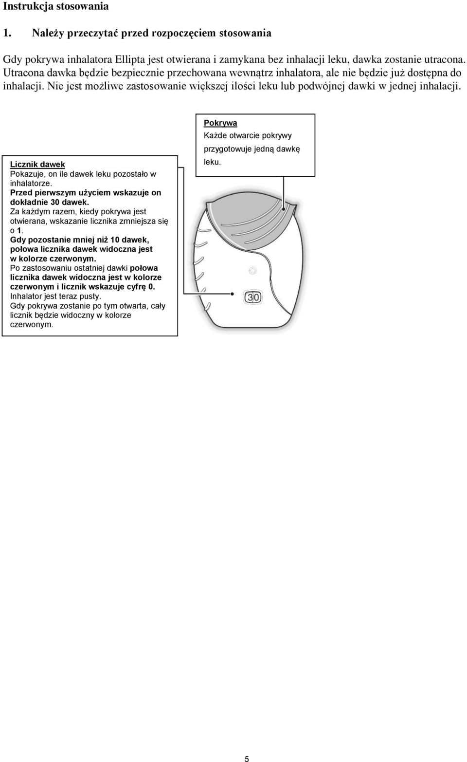 Licznik dawek Pokazuje, on ile dawek leku pozostało w inhalatorze. Przed pierwszym użyciem wskazuje on dokładnie 30 dawek.