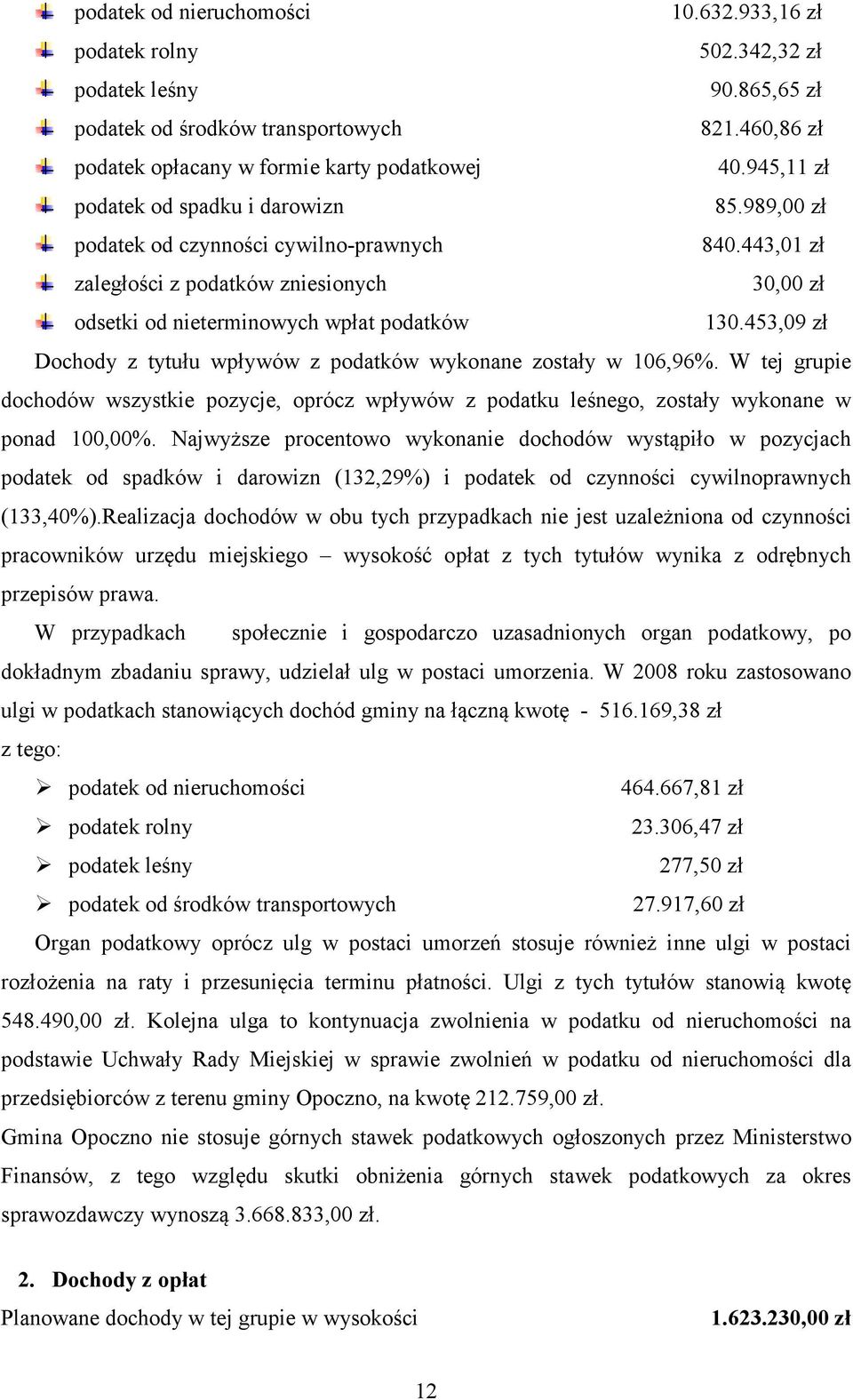 453,09 zł Dochody z tytułu wpływów z podatków wykonane zostały w 106,96%. W tej grupie dochodów wszystkie pozycje, oprócz wpływów z podatku leśnego, zostały wykonane w ponad 100,00%.