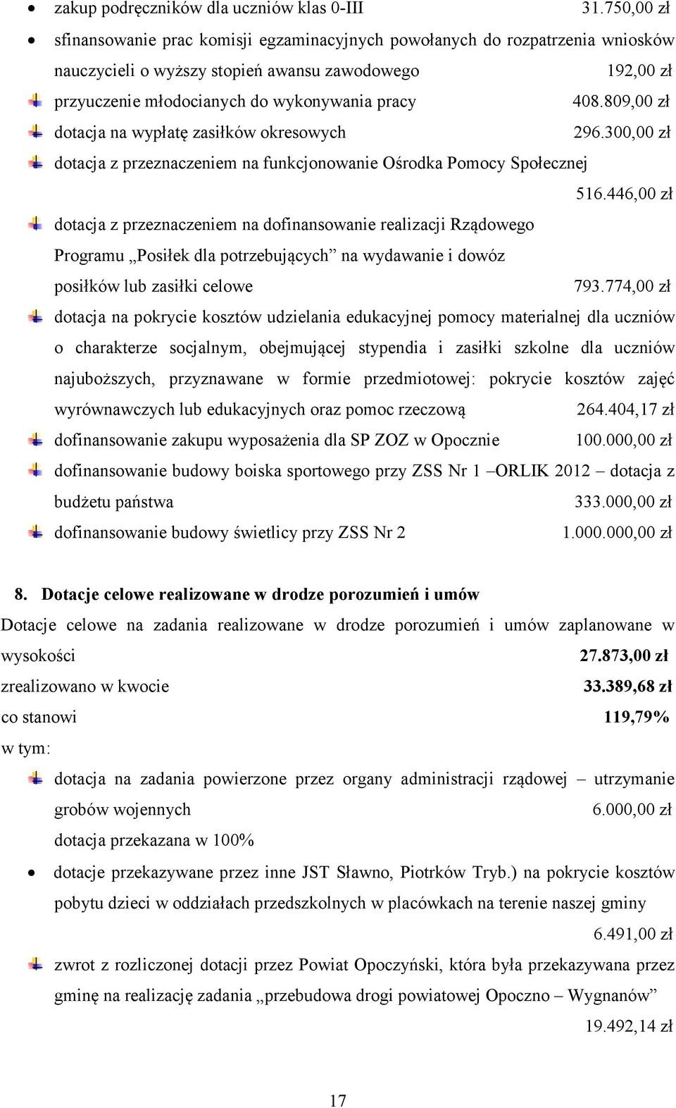 809,00 zł dotacja na wypłatę zasiłków okresowych 296.300,00 zł dotacja z przeznaczeniem na funkcjonowanie Ośrodka Pomocy Społecznej 516.