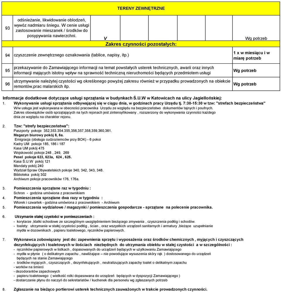 ) Zakres czynności pozostałych: Wg potrzeb 1 x w miesiącu i w miarę potrzeb przekazywanie do Zamawiającego informacji na temat powstałych usterek technicznych, awarii oraz innych 95 Wg potrzeb